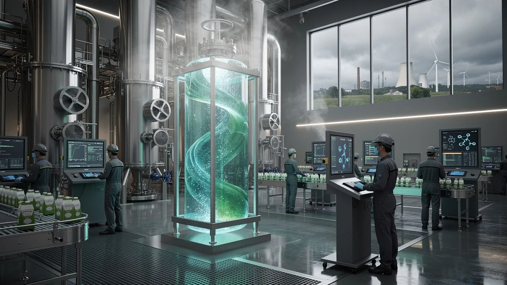 Image réaliste d’une installation industrielle utilisant le dioxyde de carbone supercritique pour des applications durables