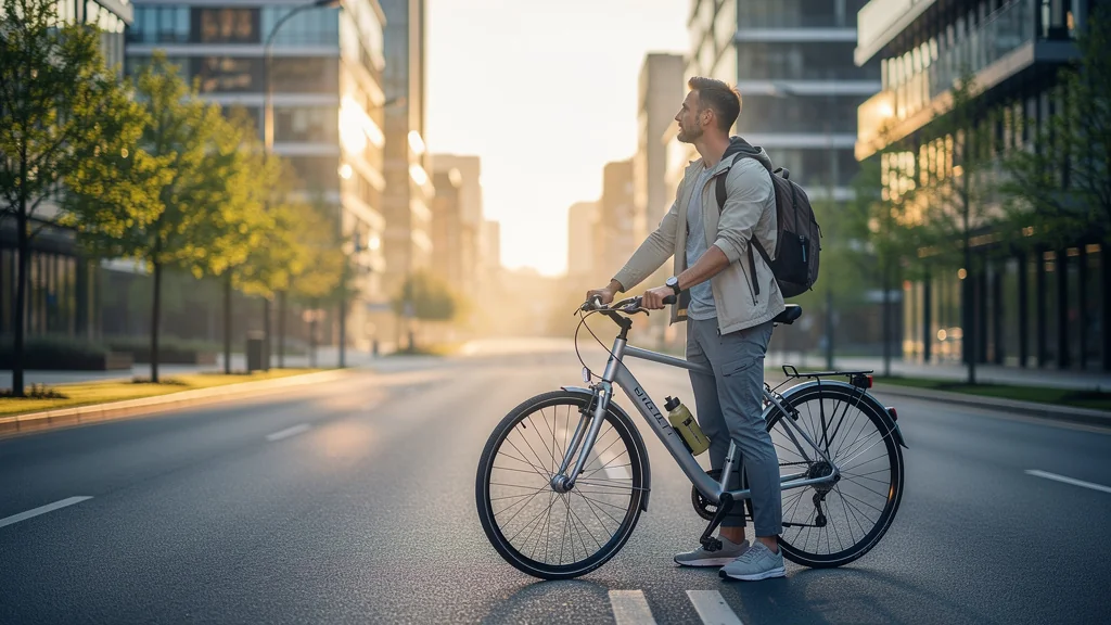 Jeune cycliste en ville au lever du jour symbolisant 3 mois de télétravail et bilan carbone transport