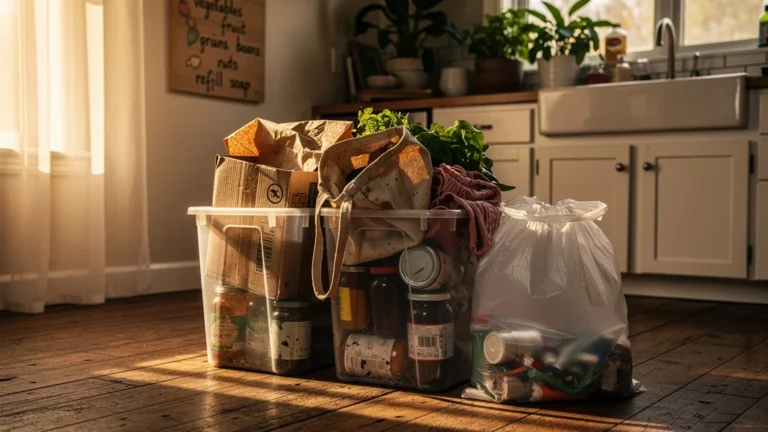 Bilan visuel de 30 jours sans acheter de plastique neuf avec poubelles triées et impact réduit