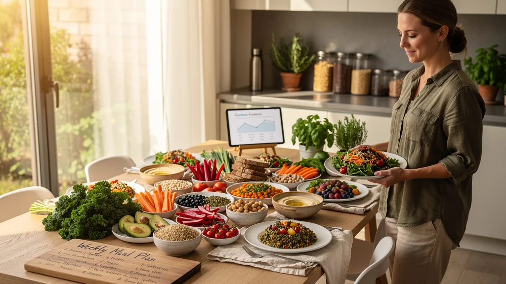 Table avec menu végétarien strict et bilan carbone alimentaire après 4 semaines d'alimentation durable