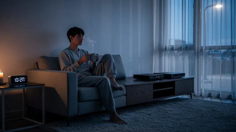 Intérieur moderne la nuit avec box internet et console éteintes, ambiance calme et déconnexion digitale