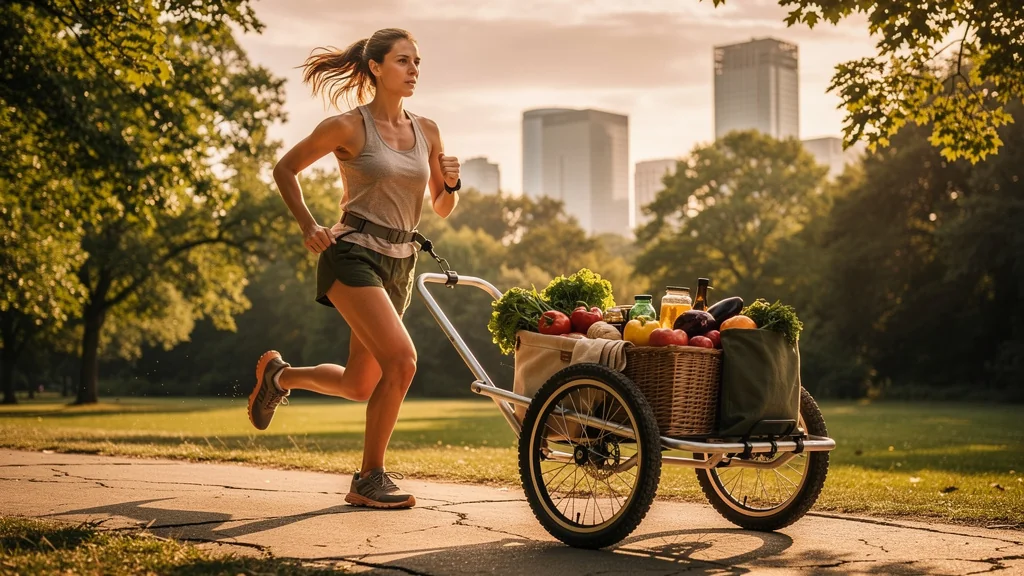 Course à pied durable avec chariot chargé sans sac plastique, six semaines d’effort écologique