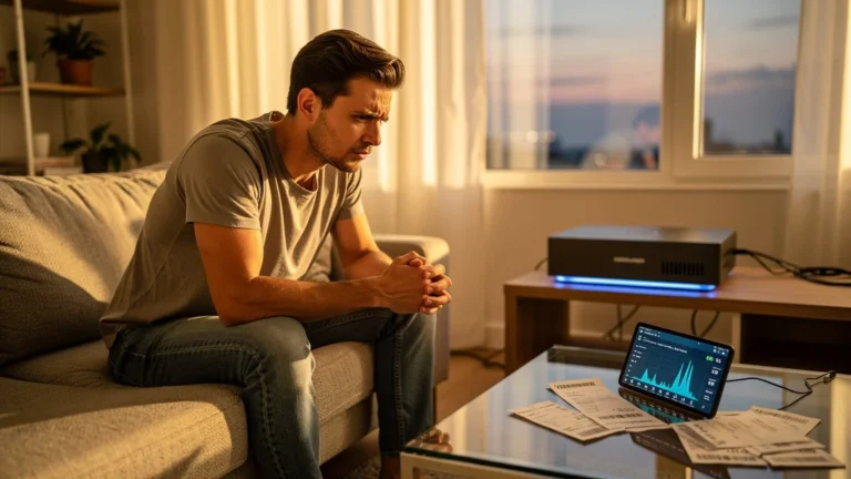 Homme frustré après avoir changé sa box internet sans vérifier la consommation en veille active, coûts élevés