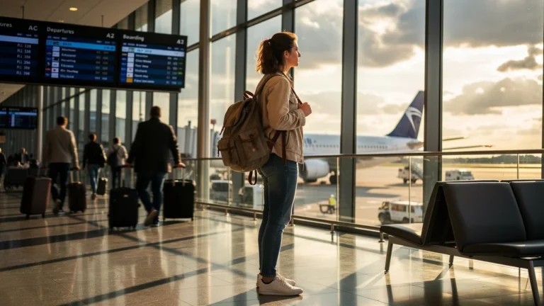 Voyageur pensif à l'aéroport, ayant choisi l'avion pour un week-end de 2 jours au lieu du train de 5h