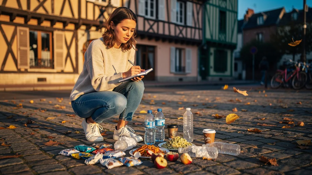 Jeune femme note chaque déchet produit à Rennes dans une rue pavée en automne, conscience écologique