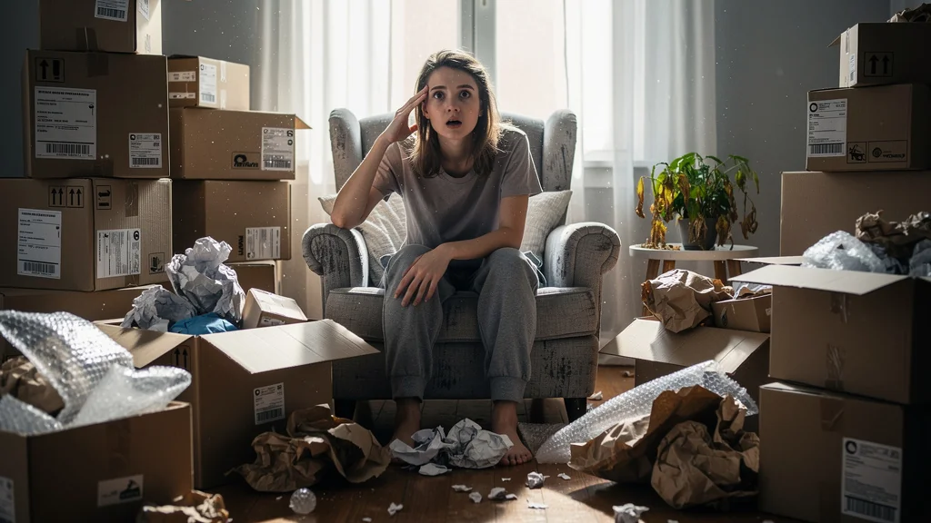 Femme choquée entourée de quatre colis en carton montrant l'impact environnemental du recyclage erroné