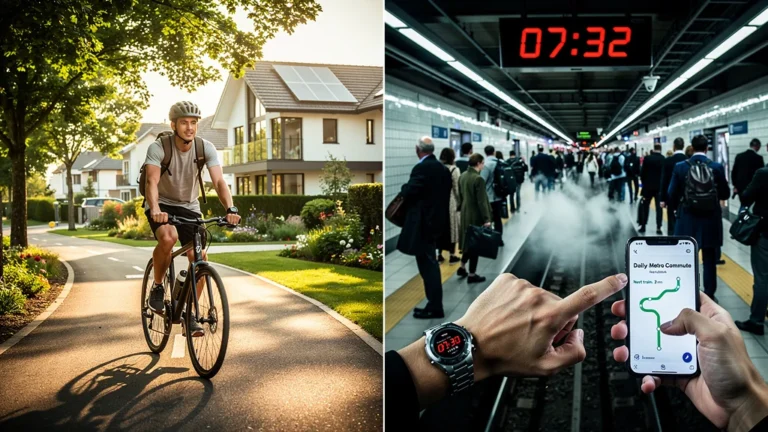 Comparaison photo réaliste vélo quotidien vs métro sur trajet travail de 6 km en 4 semaines
