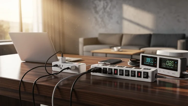 Comparaison consommation électrique avec et sans multiprises à interrupteur dans un bureau moderne