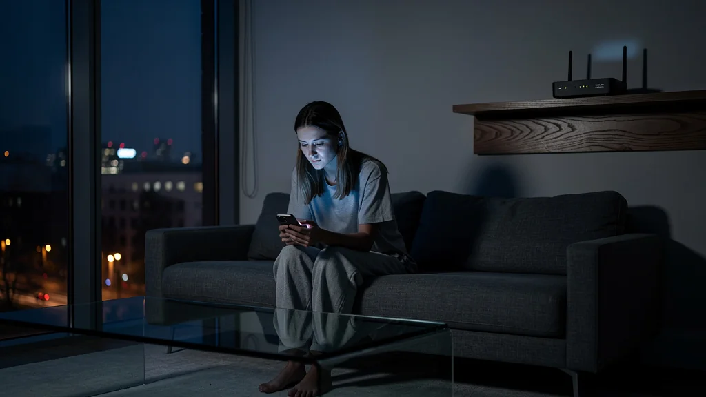 Image réaliste illustrant l'impact carbone minime de couper le wifi la nuit