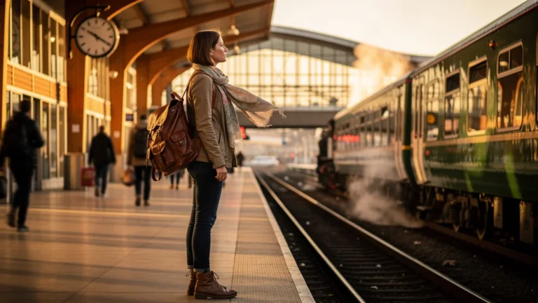 Femme voyageant uniquement en train pendant trois mois sur un quai de gare au coucher du soleil