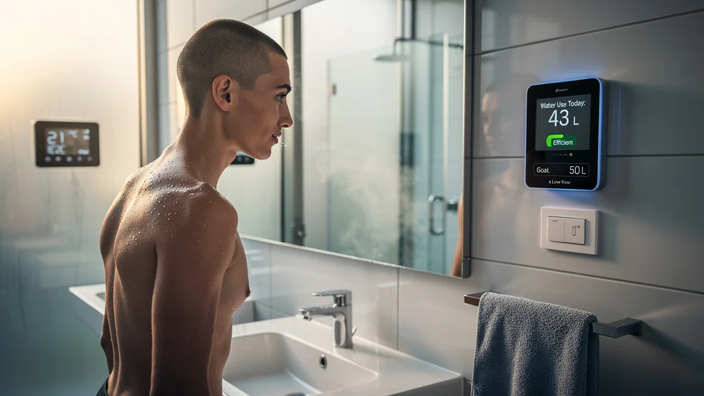 Jeune adulte avec cheveux très courts après douche, symbole de réduction conso d’eau chaude