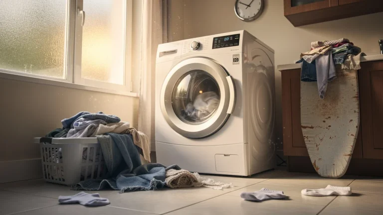 Sèche-linge en marche entouré de linge froissé illustrant la flemme d’étendre six fois par semaine