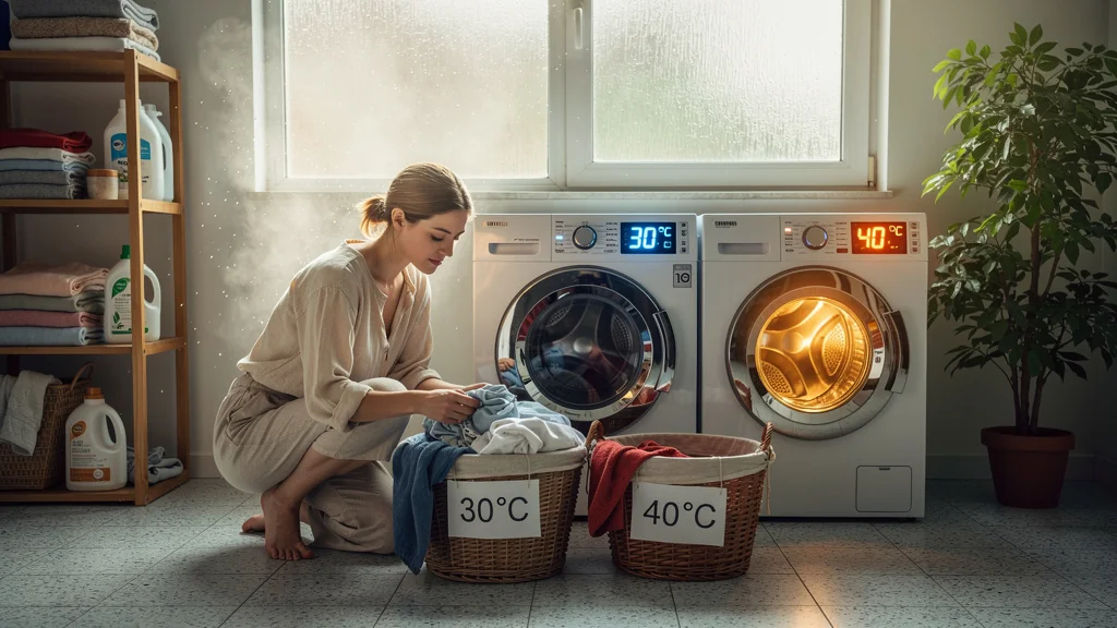 Impact sur facture : comparaison lavage à 30°C vs 40°C pendant deux mois en photo réaliste