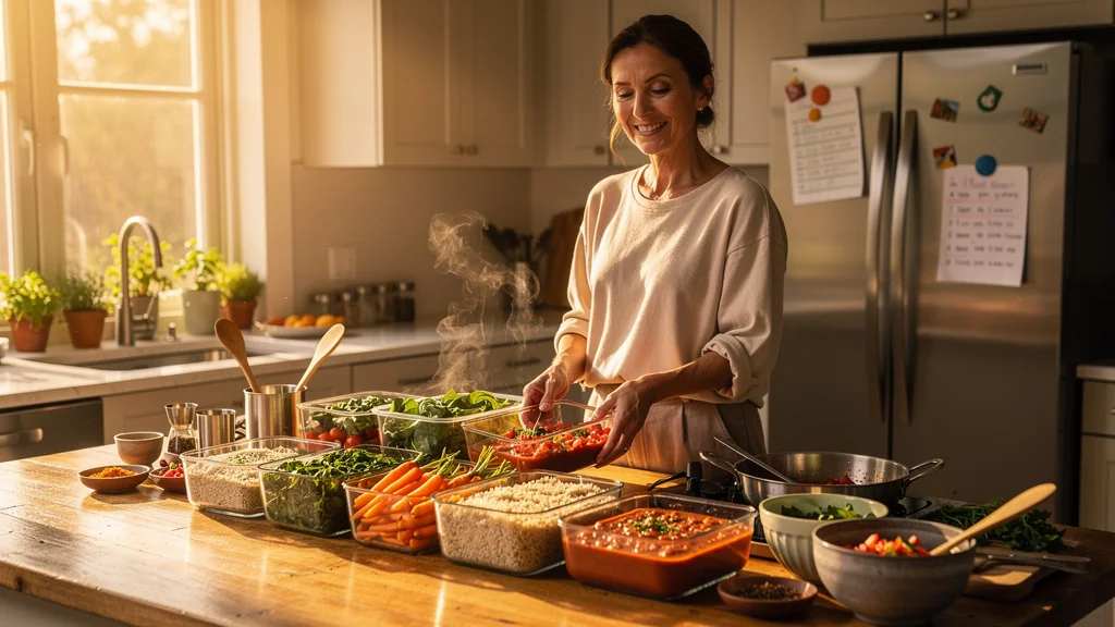Cuisine moderne avec batch cooking du dimanche réduisant efficacement le gaspillage alimentaire