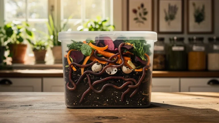 Compost en appartement avec vers visibles, démontrant que le compostage fonctionne sans dégoût