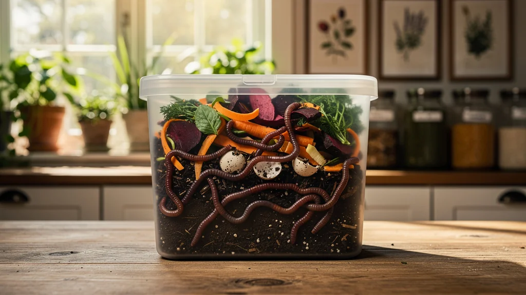 Compost en appartement avec vers visibles, démontrant que le compostage fonctionne sans dégoût