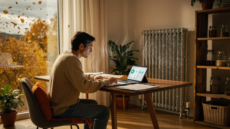 Personne calculant son bilan carbone chez soi, découvrant que le chauffage représente 60% de ses émissions