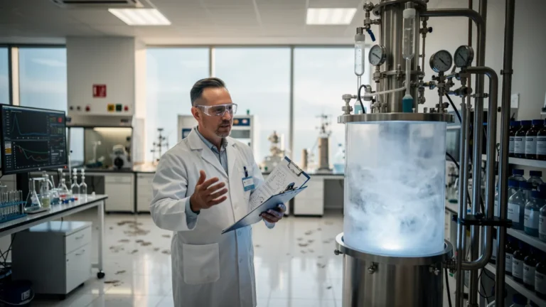 Scientifique dans un labo expliquant la technologie du CO2 supercritique avec équipement de haute technologie