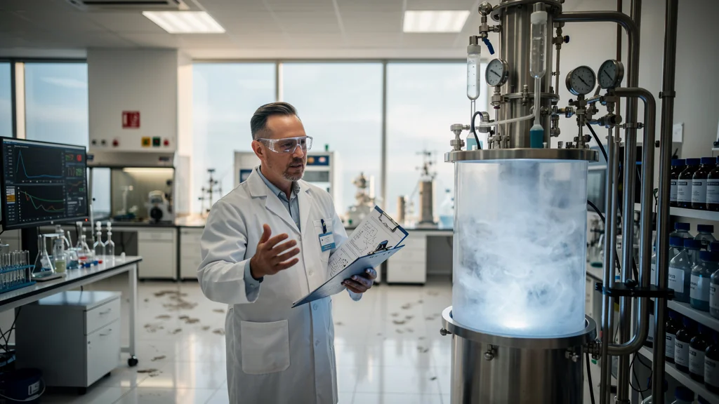 Scientifique dans un labo expliquant la technologie du CO2 supercritique avec équipement de haute technologie