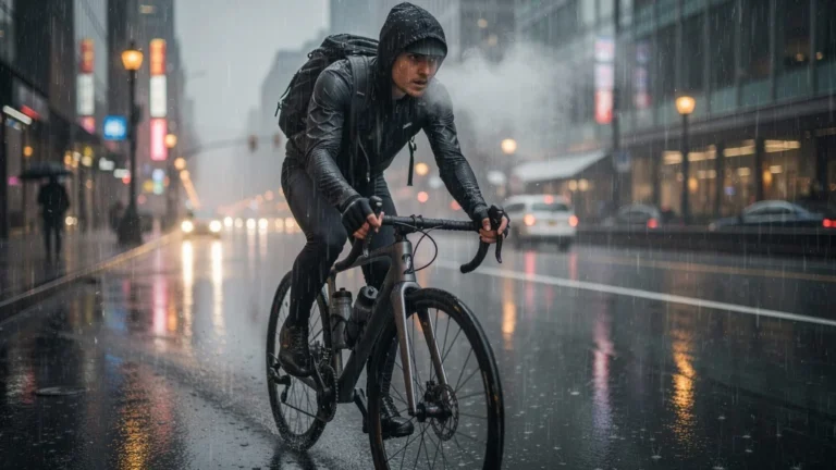 Cycliste sous la pluie lors de son premier trajet matinal à vélo jusqu'au travail, ambiance urbaine humide