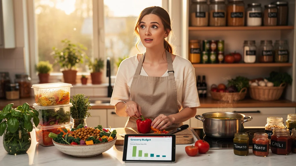Jeune femme réalise que cuisiner ses restes réduit ses courses de 30% dans une cuisine lumineuse moderne