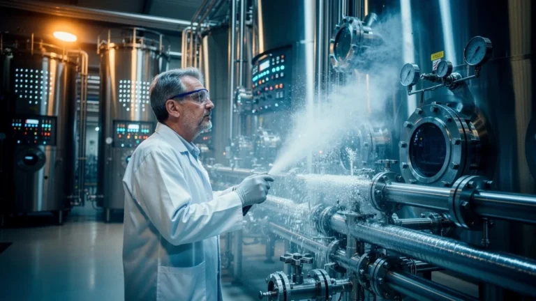 Usine de décaféination CO2 supercritique en Belgique avec purge glacée visible et ingénieur au travail