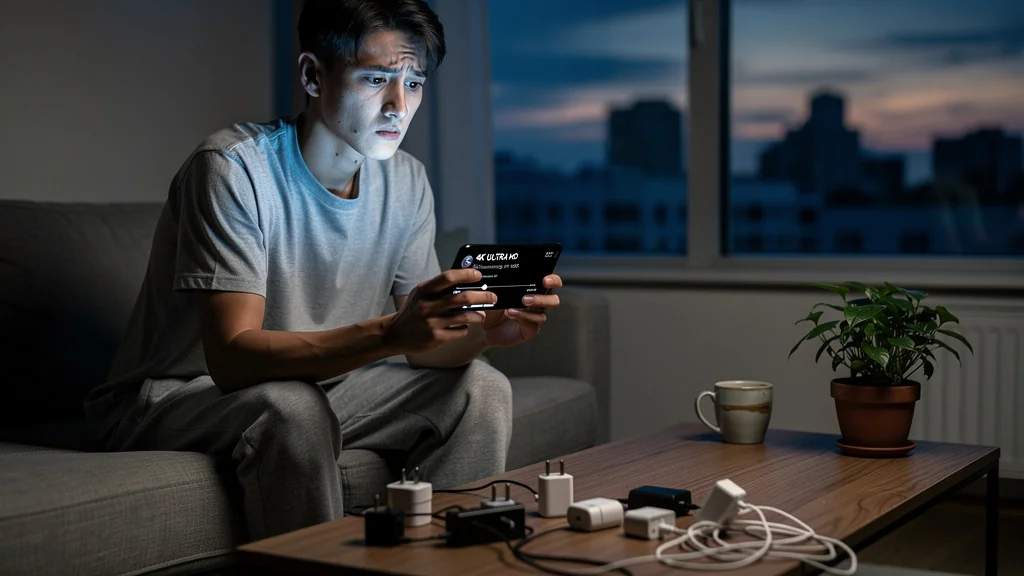 Jeune homme réfléchi face à son smartphone en streaming vidéo 4K, symbole d’inefficacité énergétique
