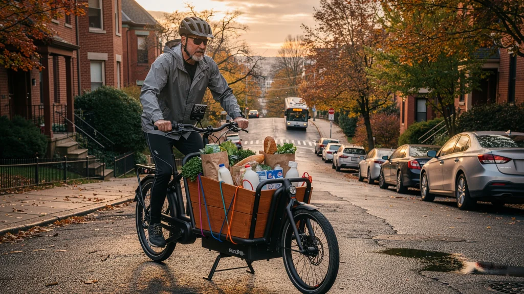 Homme poussant un vélo cargo en panne en pleine montée, solution durable à la deuxième voiture