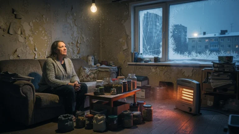 Femme fatiguée dans un appartement d’hiver illustrant le gaspillage d’énergie malgré le zéro déchet strict