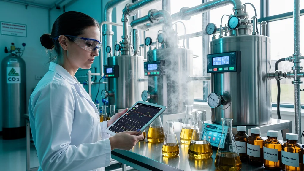 Laboratoire d'extraction CO2 supercritique avec scientifique et huiles végétales pures en 8K ultra-réaliste