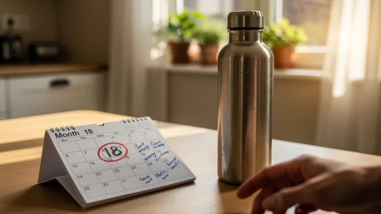 Gourde inox posée sur table avec calendrier marquant 18 mois, symbolisant rentabilité écologique