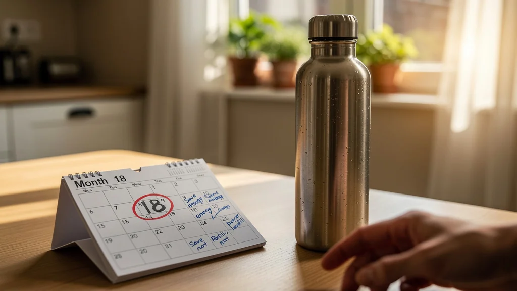 Gourde inox posée sur table avec calendrier marquant 18 mois, symbolisant rentabilité écologique