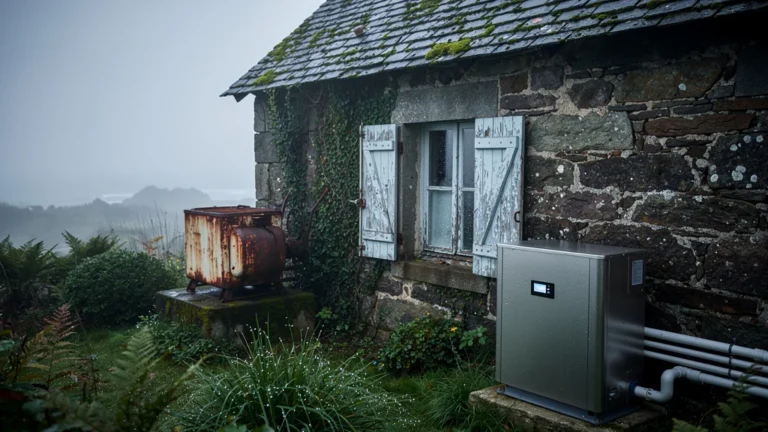 Pompe à chaleur moderne installée sur une vieille maison bretonne humide, surpassant la chaudière gaz