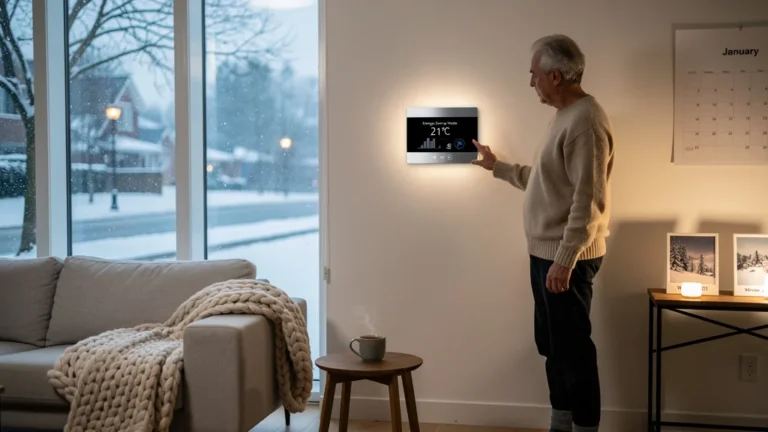 Thermostat programmable et facture de chauffage observée sur deux hivers dans un salon moderne chaleureux