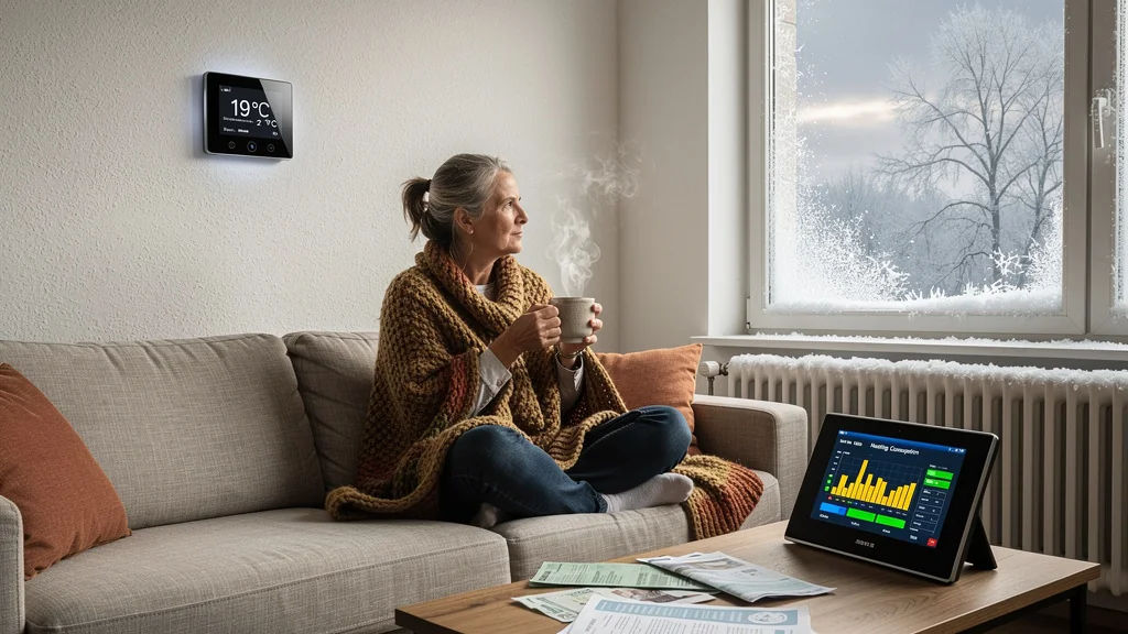 Mesurer l'impact de baisser le chauffage de 2°C tout l'hiver dans un salon moderne et chaleureux