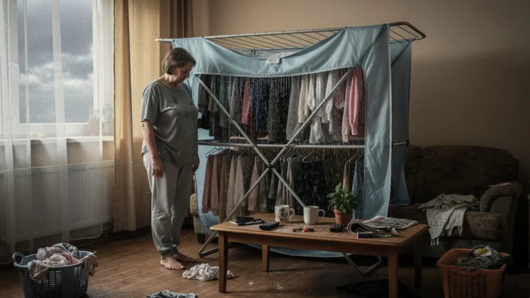 Pièce envahie par un étendoir couvert après avoir troqué un sèche-linge, ambiance humide et encombrée