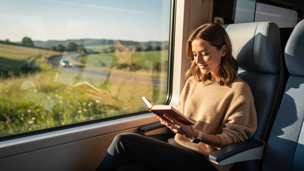 Femme lisant paisiblement dans un train moderne, profitant du temps gagné en remplaçant sa voiture par le train