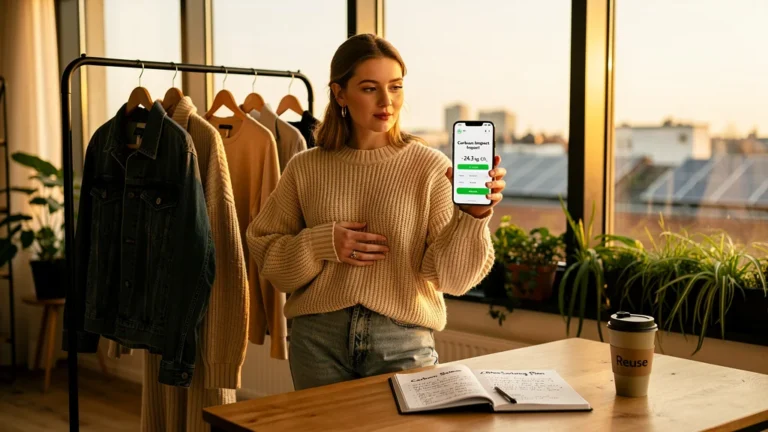 Femme testant deux mois de vêtements seconde main exclusive et calculant l’écart carbone réel