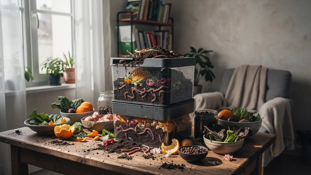 Lombricomposteur d'intérieur dans un appartement de 50m² à Rennes avec déchets organiques en excès
