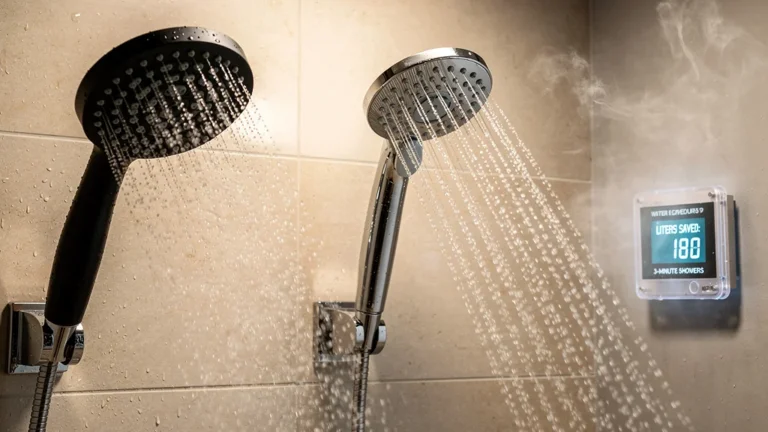Deux pommeaux de douche contrastés avec jets d’eau et compteur affichant litres économisés en un mois