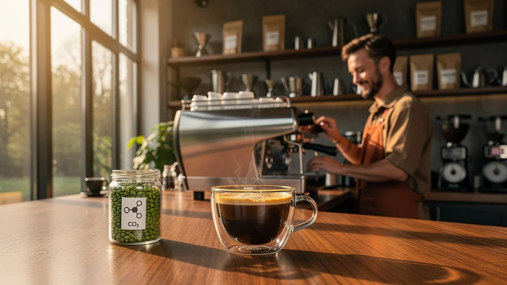 Café décaféiné au CO2 supercritique servi en espresso dans un café moderne, ambiance chaleureuse et détaillée