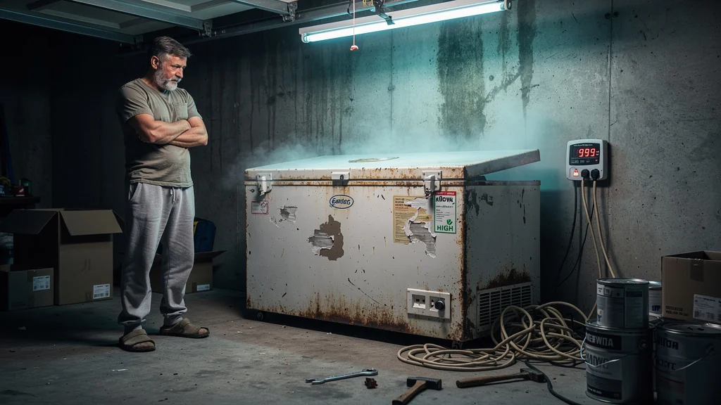 Vieux congélateur énergivore dans un garage sombre, symbole de gaspillage d'énergie domestique