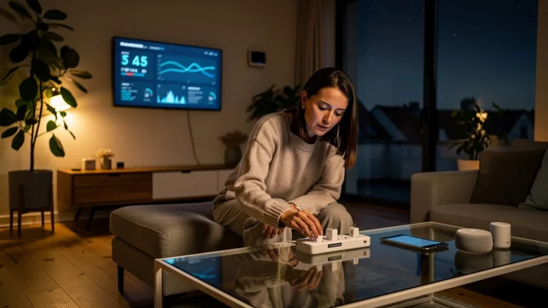 Femme débranchant des chargeurs fantômes dans une maison connectée moderne en soirée