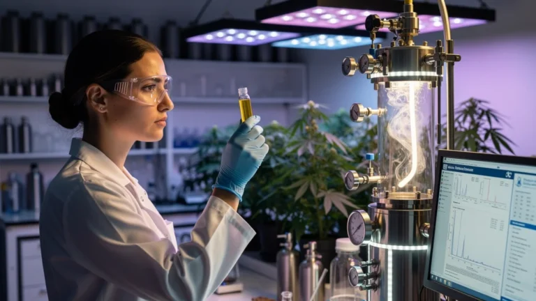 Laboratoire moderne d'extraction CO2 supercritique pour CBD avec scientifique examinant l'huile et certificats d'analyse