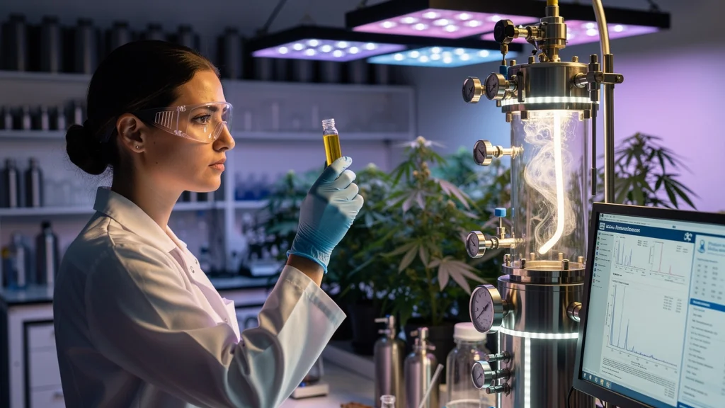 Laboratoire moderne d'extraction CO2 supercritique pour CBD avec scientifique examinant l'huile et certificats d'analyse