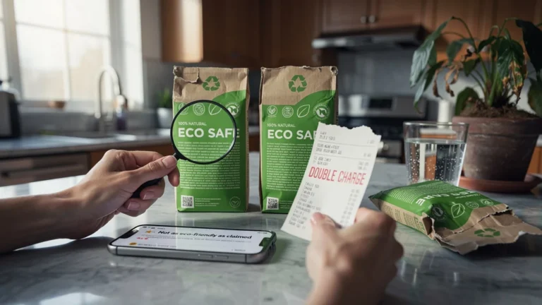 Deux produits écologiques identiques sur un comptoir, illustrant le double achat regretté pour sensibiliser au greenwashing