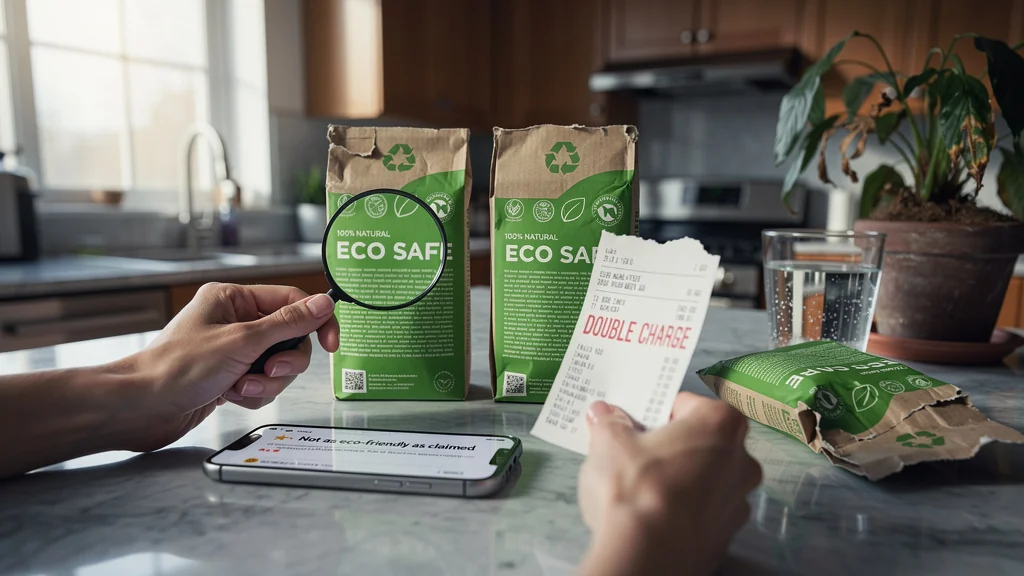 Deux produits écologiques identiques sur un comptoir, illustrant le double achat regretté pour sensibiliser au greenwashing