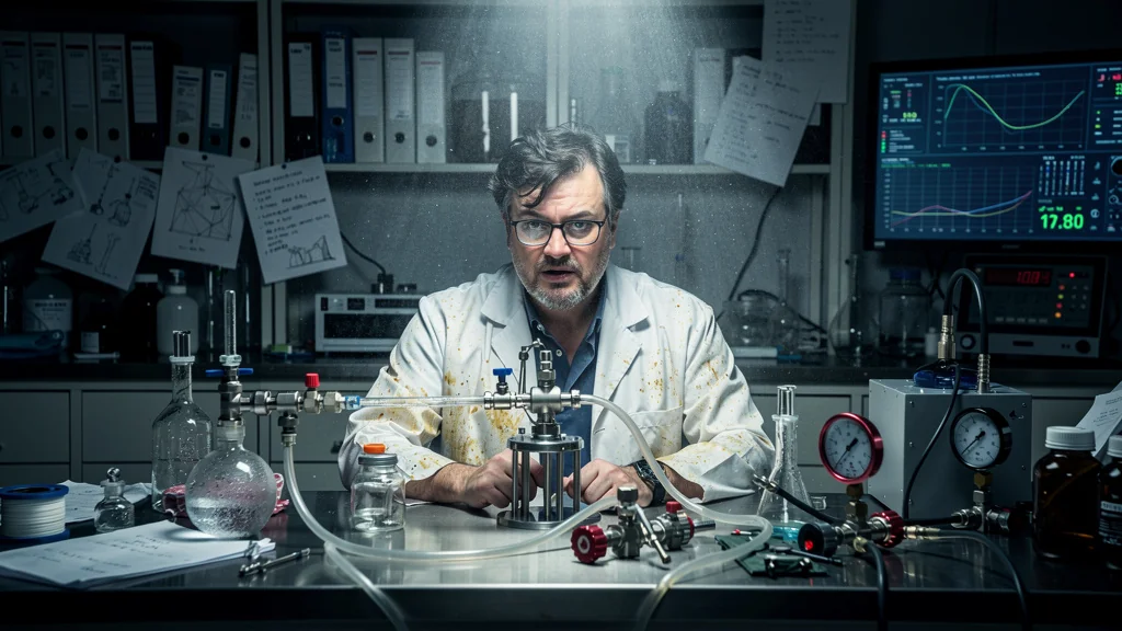 Scientifique frustré dans un laboratoire avec un montage bricolé de CO2 supercritique non fonctionnel