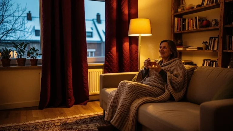 Rideaux thermiques dans un salon lillois réchauffant une soirée d'hiver confortable et accueillante