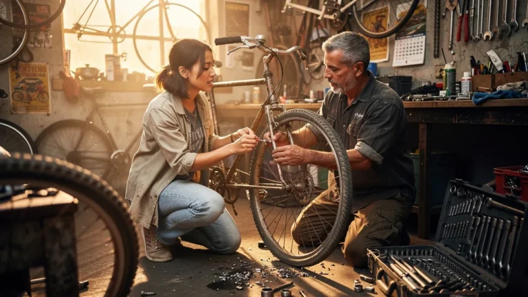 Atelier de réparation de vélo sauvant un vieux vélo, évitant son remplacement, scène réaliste en lumière naturelle